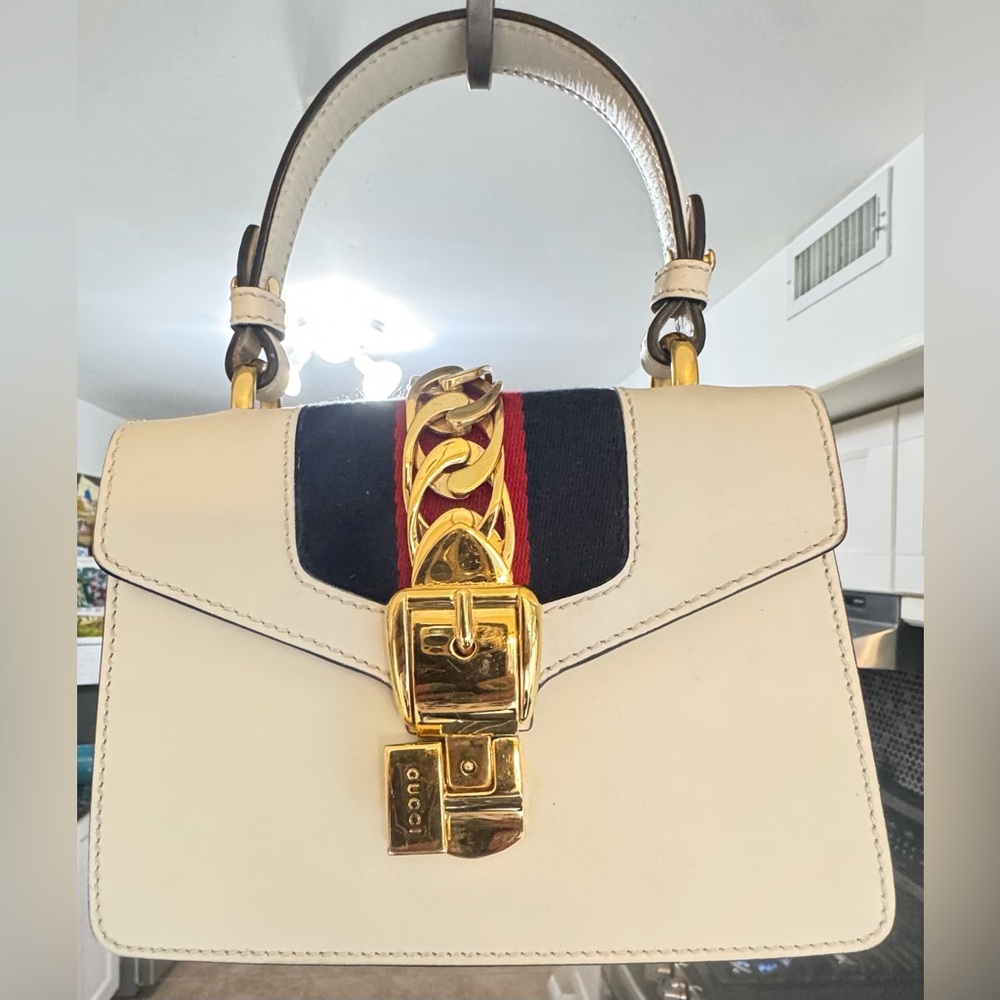Gucci White Leather GG Monogram Sylvie Small Top Handle / X Bag Preloved